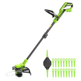 Greenworks vista frontal de la recortadora 2 en 1, potencia portátil y control