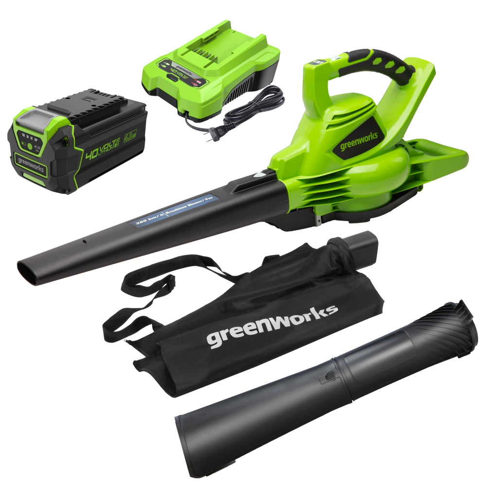 Greenworks vista frontal de la unidad soplador aspiradora, potencia y ligereza