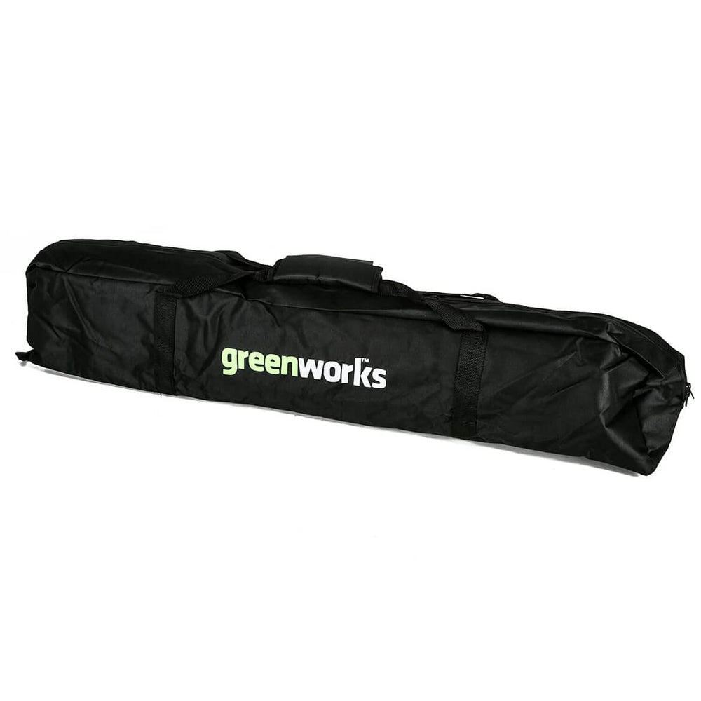 Greenworks funda frontal mostrando cierre y protección, transporte seguro