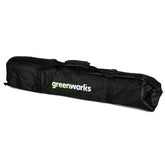 Greenworks funda frontal mostrando cierre y protección, transporte seguro