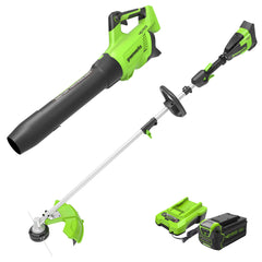 Greenworks kit frontal mostrando desbrozadora y soplador, solución eficiente