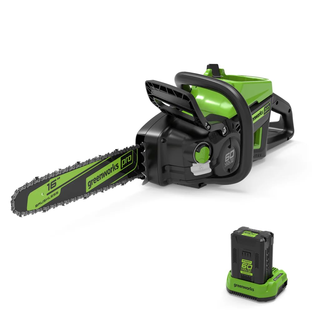 Greenworks vista frontal de la motosierra mostrando diseño y ergonomía