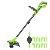 Greenworks recortadora frontal mostrando diseño ergonómico y ligereza