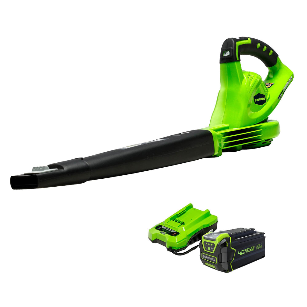 Greenworks soplador frontal mostrando diseño y potencia