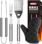 GRILLART set frontal de 3 piezas mostrando espátula, pinzas y tenedor duraderos