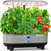 Growell vista frontal del sistema hidropónico mostrando 16 macetas y diseño compacto
