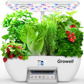 Growell vista frontal del sistema hidroponico con 17 pods, optimiza espacio