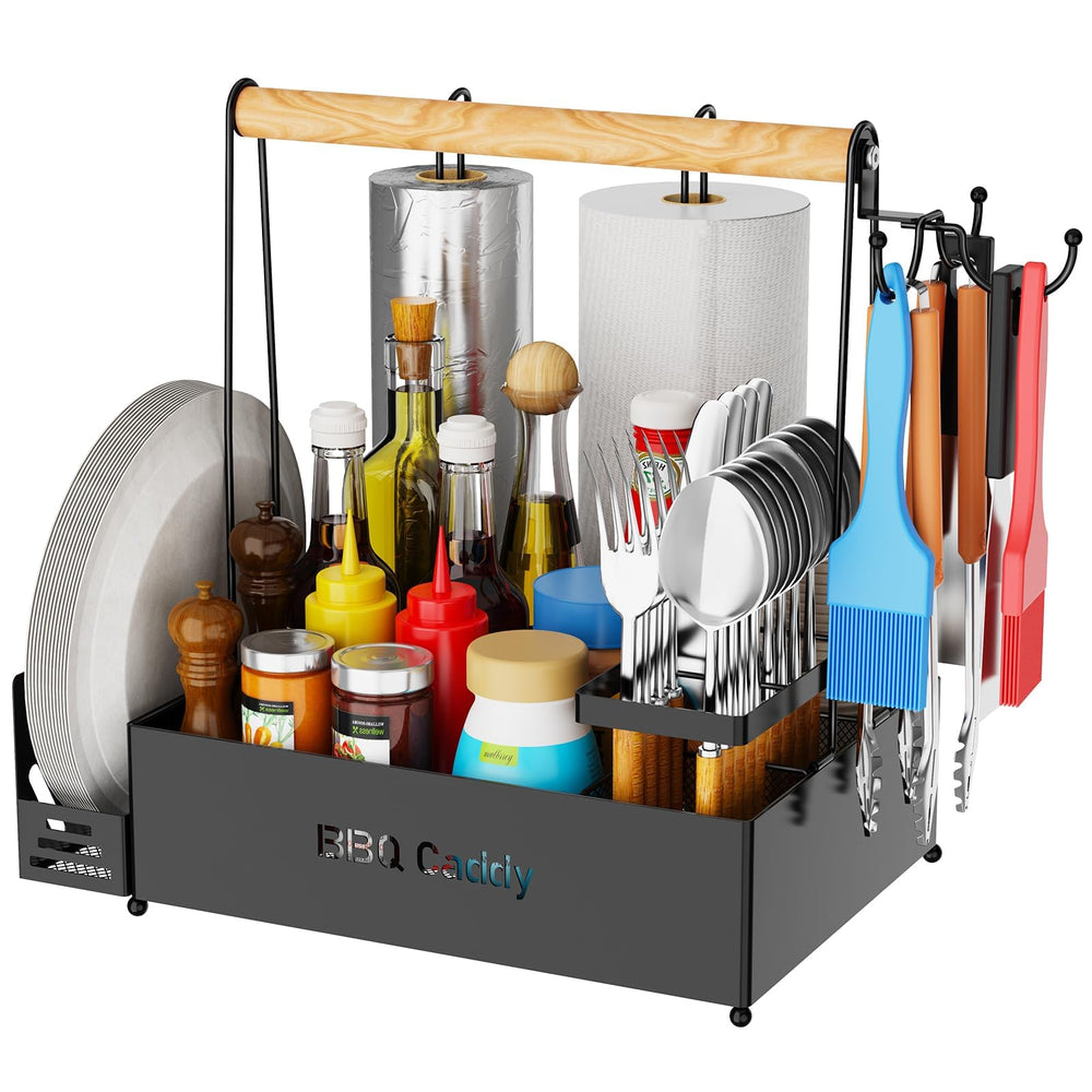 GUIBUKEYAN vista frontal del caddy para parrilla con compartimentos para condimentos y cubiertos, organiza eficazmente