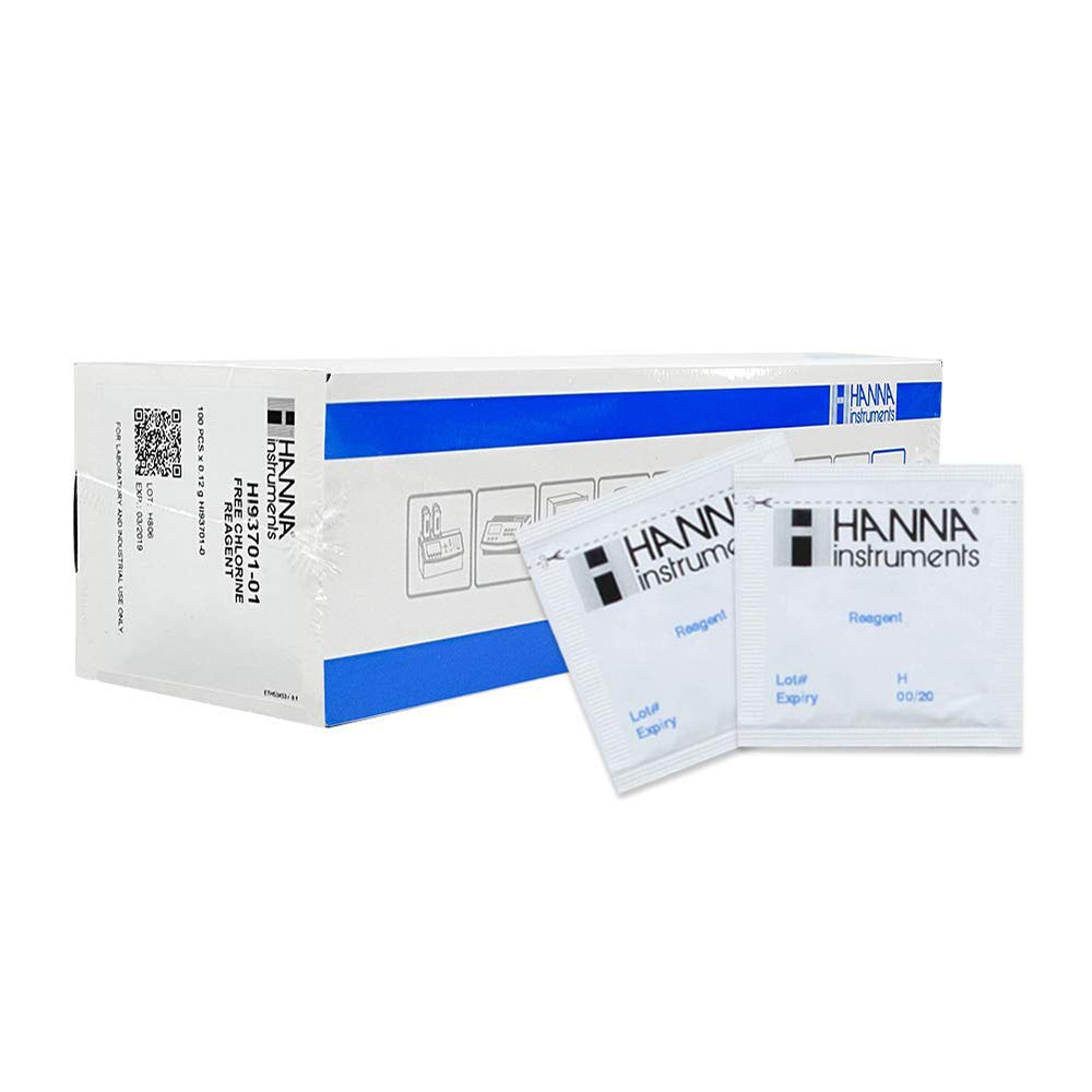Hanna Instruments envase frontal de reactivos de cloro con etiqueta legible y protección de integridad