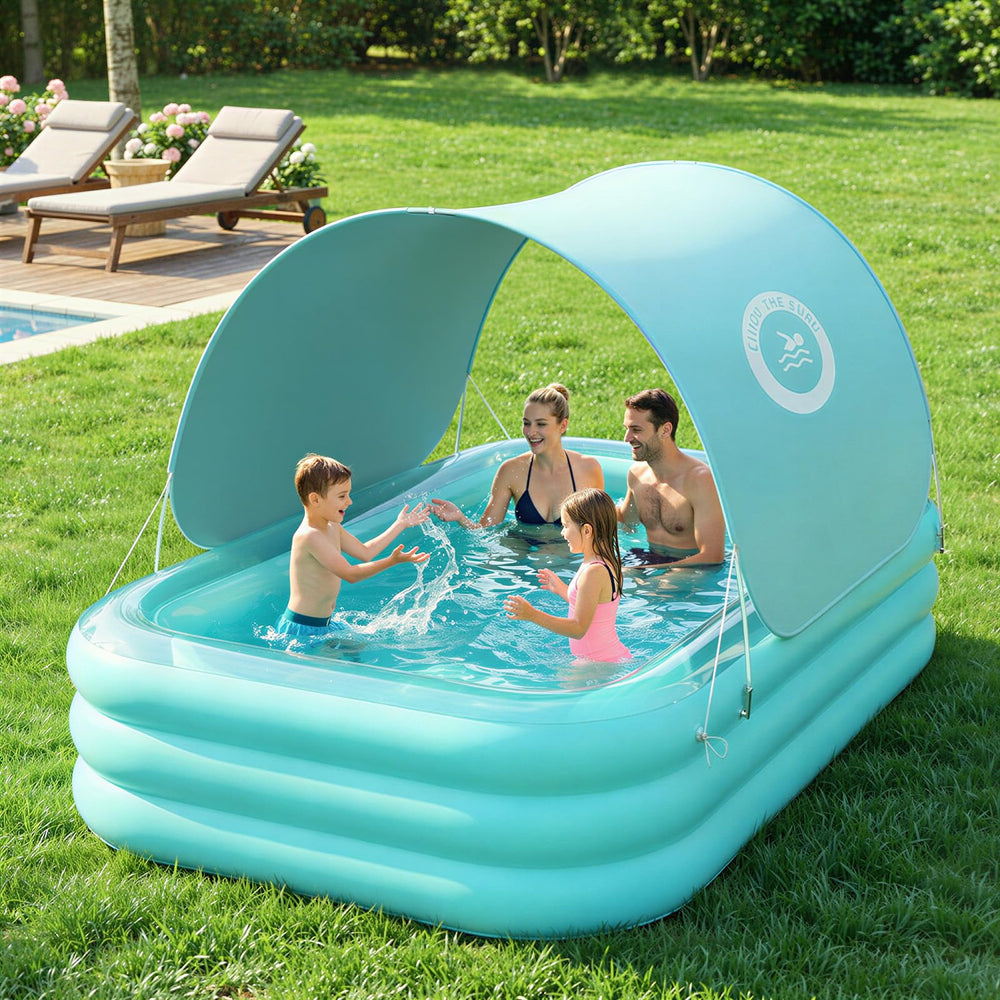 HeySplash vista frontal de la piscina inflable demostrando espacio familiar