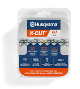 Husqvarna X‑Cut SP33G frontal en empaque mostrando la cadena, durable y lista para instalar