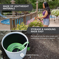 HydroTech manguera desplegada en jardín para riego uniforme y sin nudos
