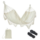 JoyView hamaca boho frontal en beige mostrando diseño y capacidad estética