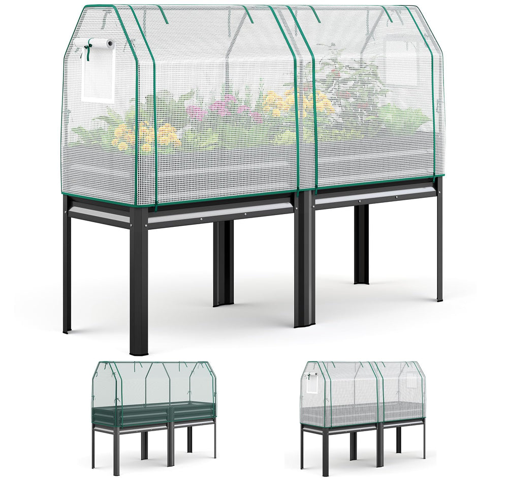 KING BIRD vista frontal de la cama elevada con cubierta, protege y organiza el cultivo