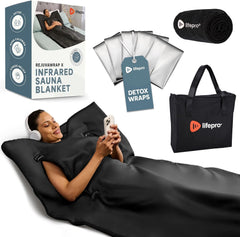 LifePro vista frontal del empaque mostrando la manta sauna y sus accesorios