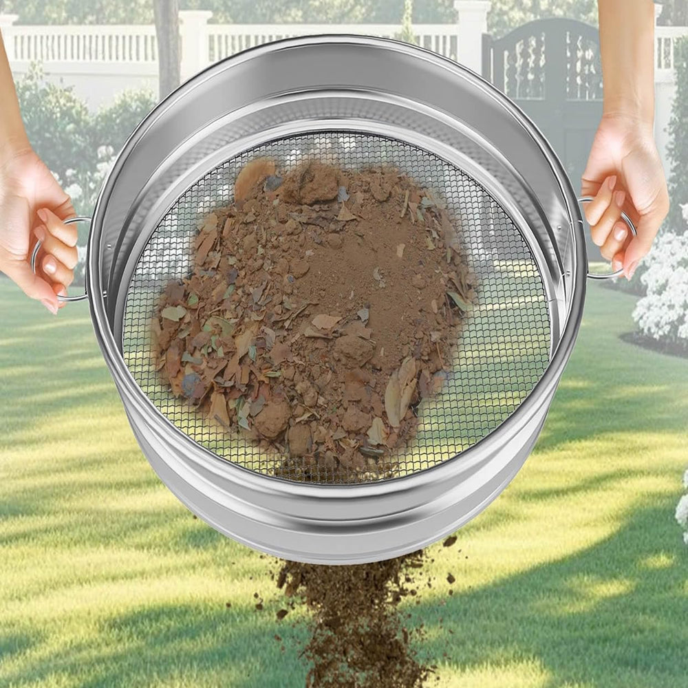MEWPON criba frontal mostrando tamaño y borde robusto, facilita tamizar rápidamente