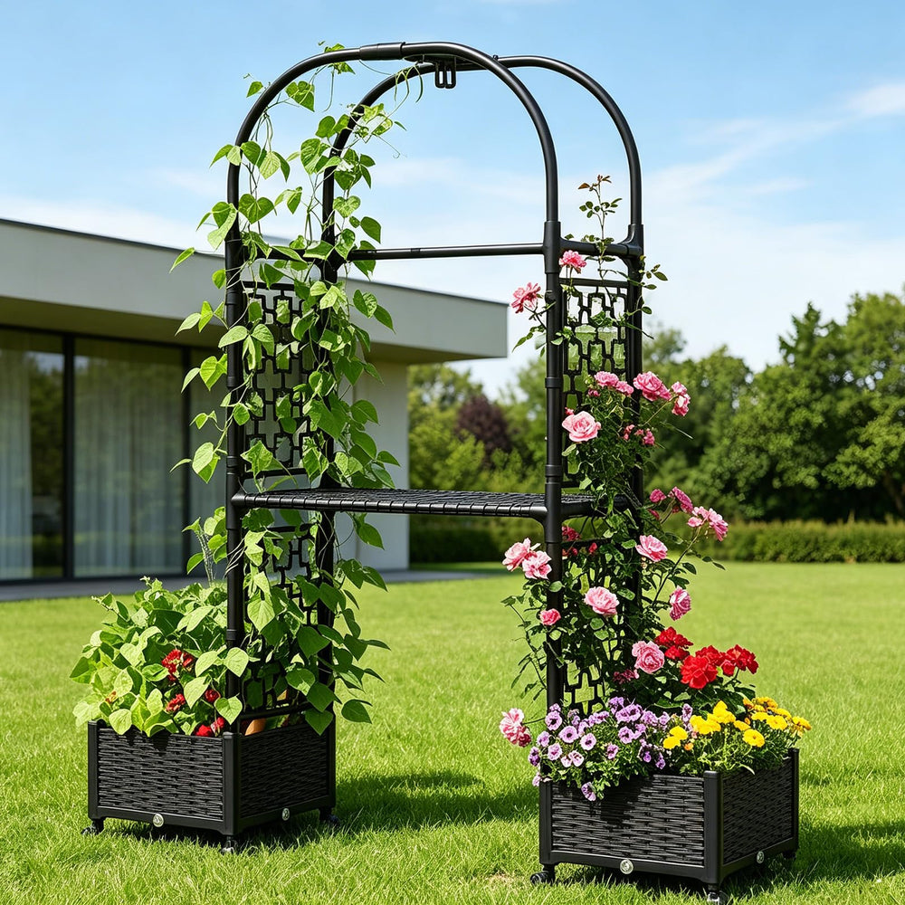 MQHUAYU vista frontal de jardinera montada con arco, maximiza cultivos verticales