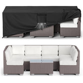MR.COVER vista frontal de la funda protegiendo mesa y sillas, protección integral