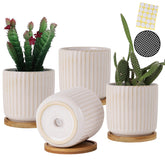 OMAYKEY maceta cerámica frontal blanca con rayas, aspecto decorativo y práctico