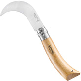 OPINEL cuchillo No.10 frente mostrando hoja yatagán y cierre, cortes precisos
