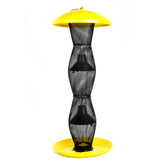 Perky-Pet comedero frontal amarillo y negro mostrando diseño metálico resistente