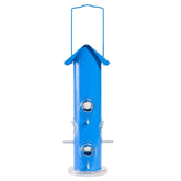 Perky-Pet vista frontal del comedero azul con seis puertos, atractivo visual