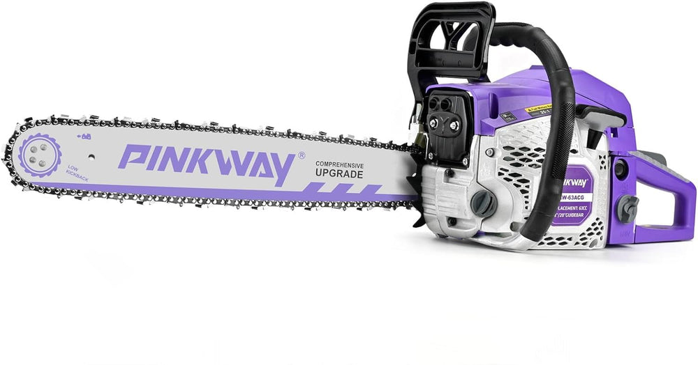 PINKWAY vista frontal de la motosierra mostrando diseño y puños ergonómicos para control seguro