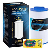 POOLPURE cartucho frontal mostrando diseño y dimensiones, mejora la claridad del agua