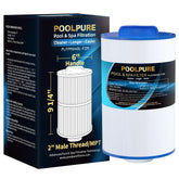 POOLPURE vista frontal del filtro mostrando diseño y dimensiones, mayor retención de suciedad