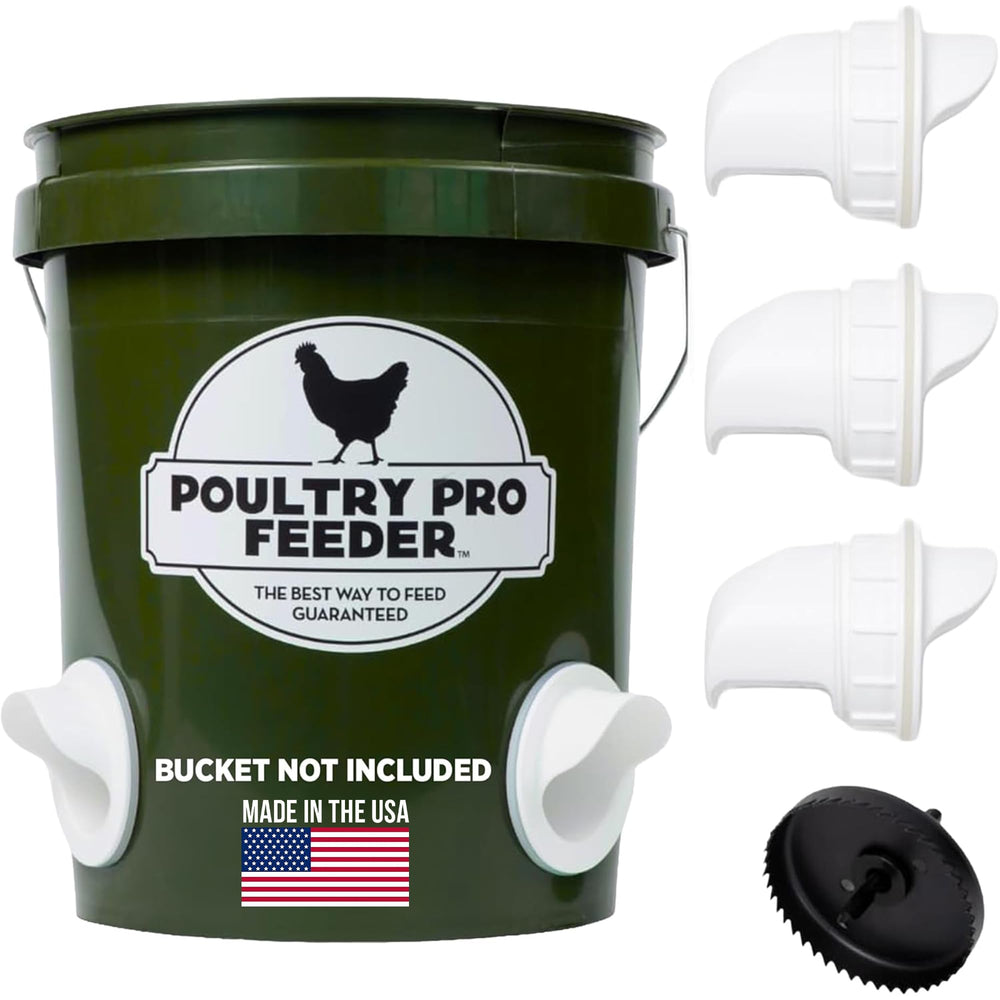 Poultry Pro Feeder vista frontal mostrando puertos y protección contra desparrame