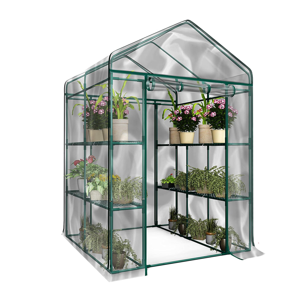 Pure Garden vista frontal mostrando estantes y puerta, protección ampliada