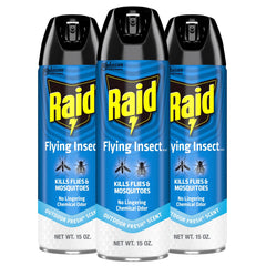 Raid aerosol frontal mostrando etiqueta y tamaño práctico para uso doméstico