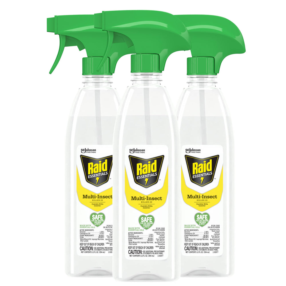 Raid botella frontal mostrando diseño y capacidad 12 oz, conveniente para interiores