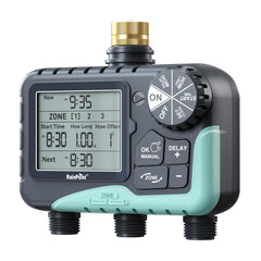 RAINPOINT frontal del temporizador mostrando controles y pantalla, instalación fácil