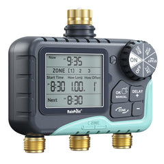 RAINPOINT vista frontal del programador 3 zonas con botones y pantalla visible, fiable