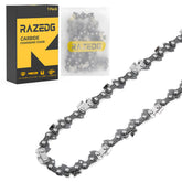 RazEdg frente del empaque mostrando la cadena y especificaciones clave, durabilidad garantizada