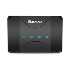 Renogy cargador frontal mostrando pantalla y conexiones, beneficio: control claro