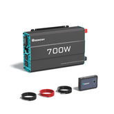 Renogy inversor P2 vista frontal con tomas AC y puerto USB, facilita conexiones seguras