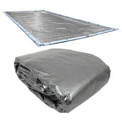 Robelle cubierta frontal 20 x 40 ft mostrando solapamiento y argollas para sujeción