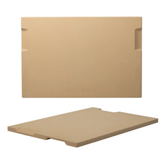 ROCKSHEAT piedra para pizza vista frontal con asas, facilita transporte seguro