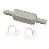 Rola-Chem válvula de retención frontal mostrando cuerpo PVC y tamaño compacto