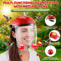 Sailong persona usando casco en jardín para fotografiar colibríes manos libres