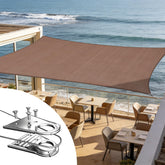 ShadeMart vista frontal del toldo mostrando el tamaño y color marrón, protege del sol