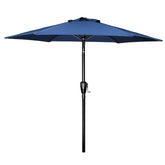 Simple Deluxe vista frontal de la sombrilla desplegada mostrando cobertura y color azul beneficiosa