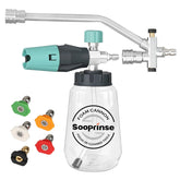 Sooprinse vista frontal del kit completo mostrando botella y conector, ahorro de tiempo