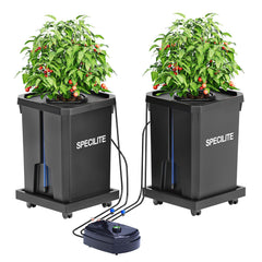 SPECILITE vista frontal del sistema DWC mostrando dos cubos y tapa triangular, facilita mantenimiento