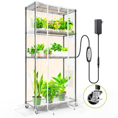 SpeePlant frente del invernadero mostrando cuatro niveles y cubierta transparente, ideal para organización