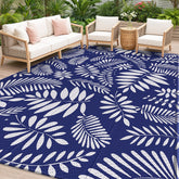 StepRite vista frontal de la alfombra exterior 5'x8' mostrando patrón blanco y azul y beneficio estético