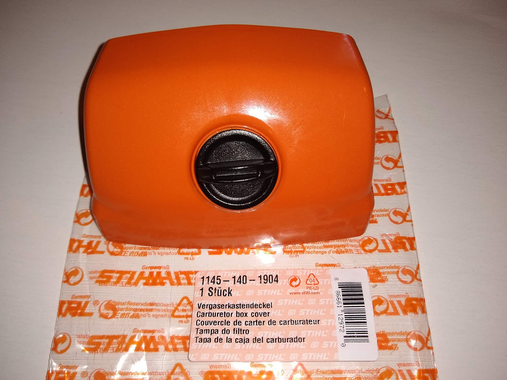 Stihl tapa de filtro de aire frontal mostrando ajuste preciso y protección