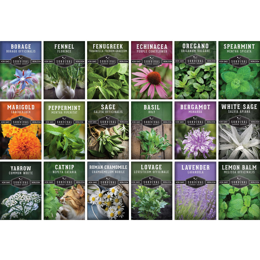 SURVIVAL GARDEN SEEDS empaque frontal mostrando 18 variedades y beneficios